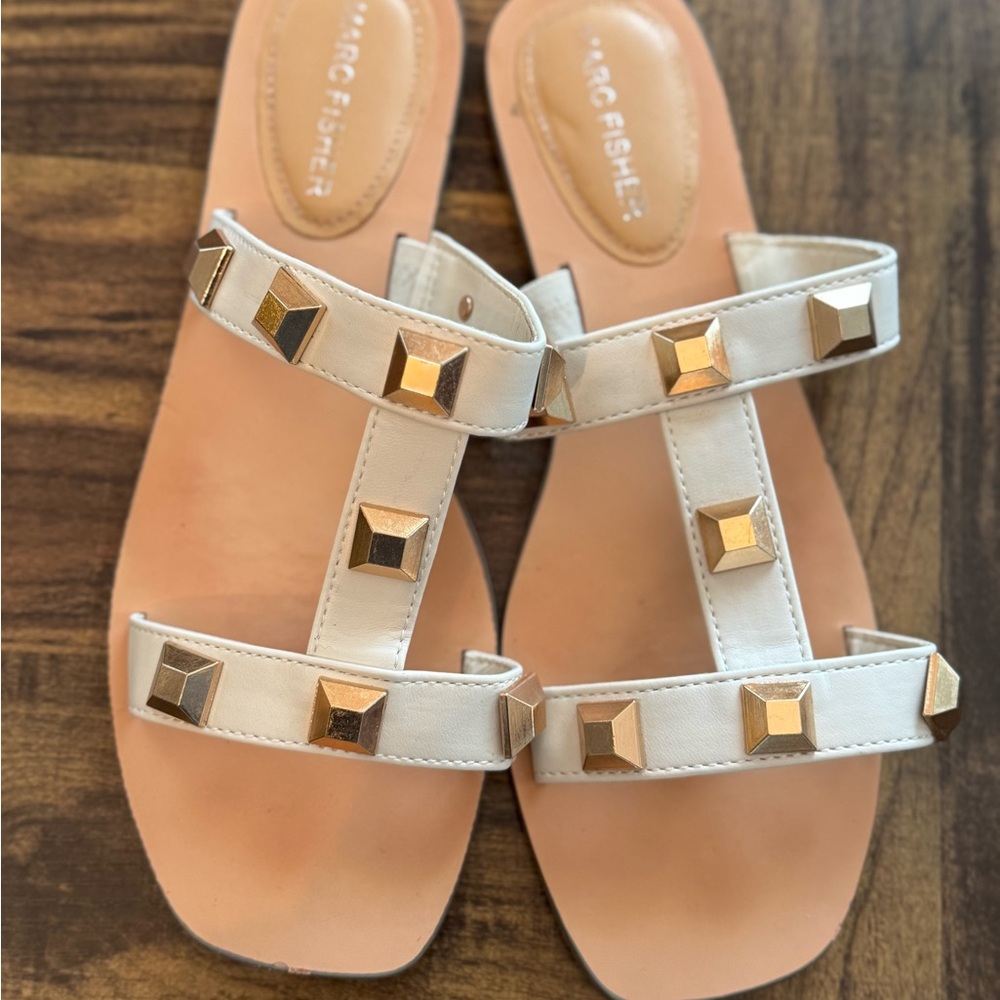 Marc Fisher White and Gold Slide Sandals